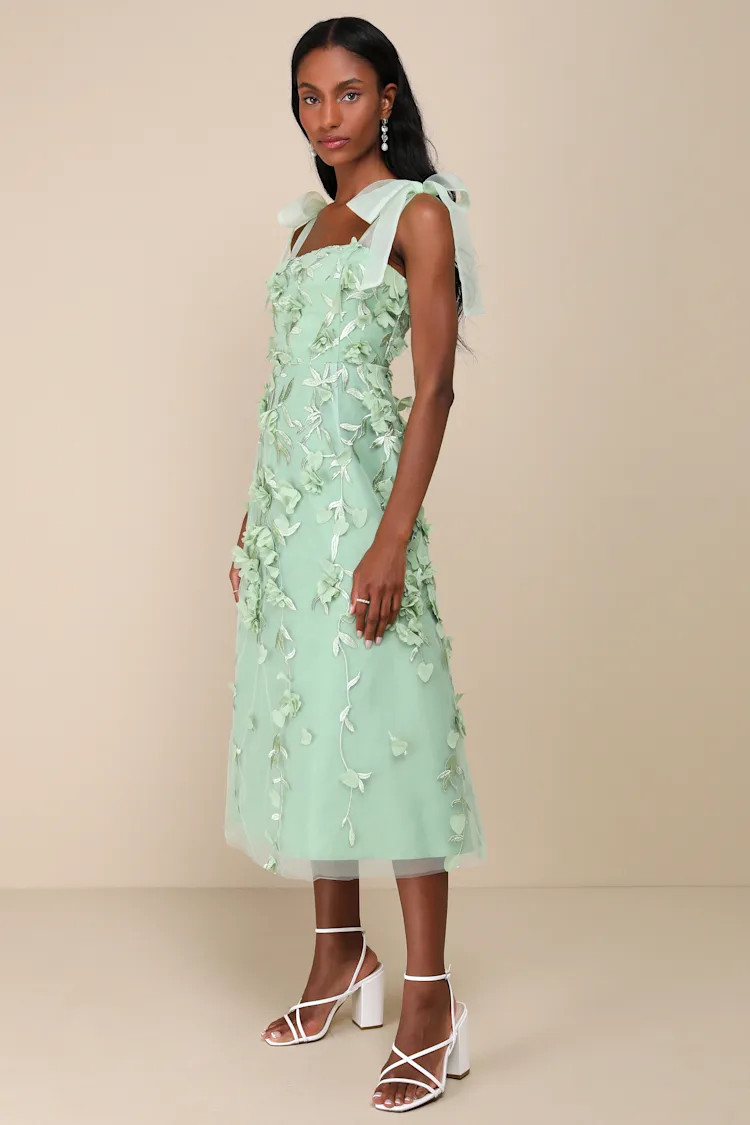 Effortlessly Sweet Sage Tulle 3D Floral Tie-Strap Midi Dress | Lulus