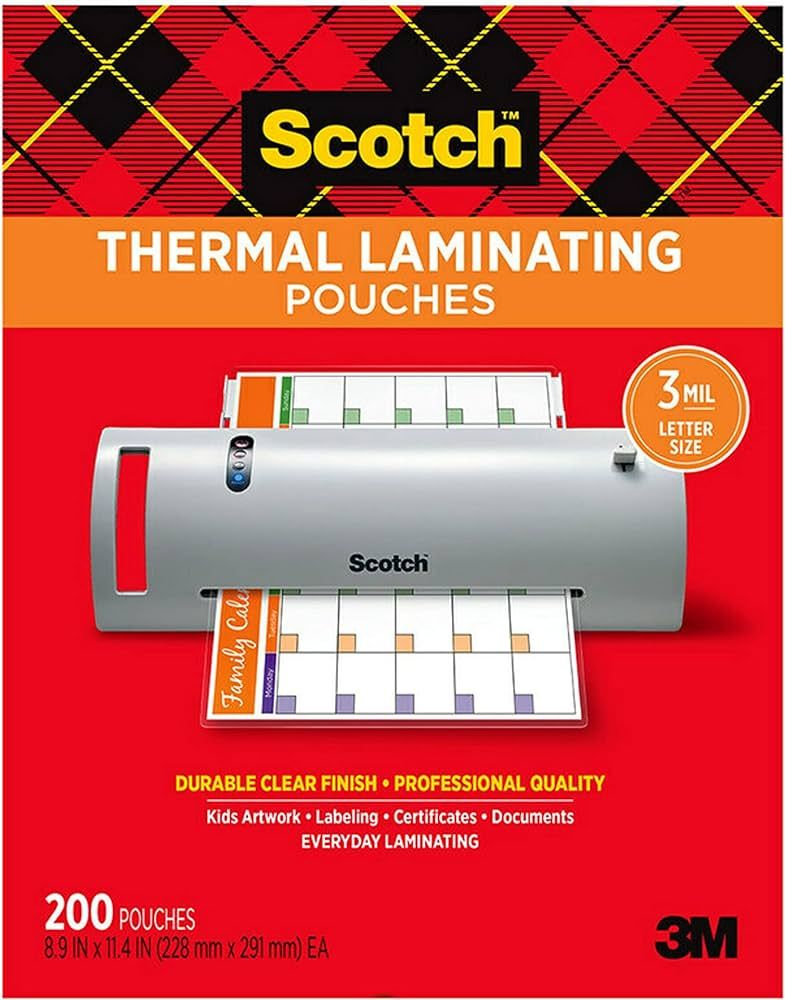 Scotch Thermal Laminating Pouches, 200 Pack Laminating Sheets, 3 Mil, 8.9 x 11.4 Inches, Educatio... | Amazon (US)