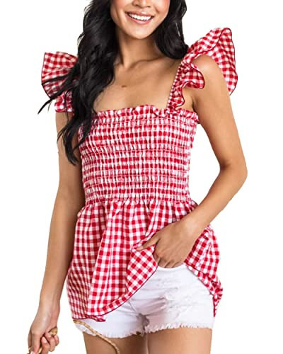 Jug&Po Womens Plaid Smocked Peplum Crop Top Gingham Sleeveless Smocked Blouse X-Large Size Red | Amazon (US)