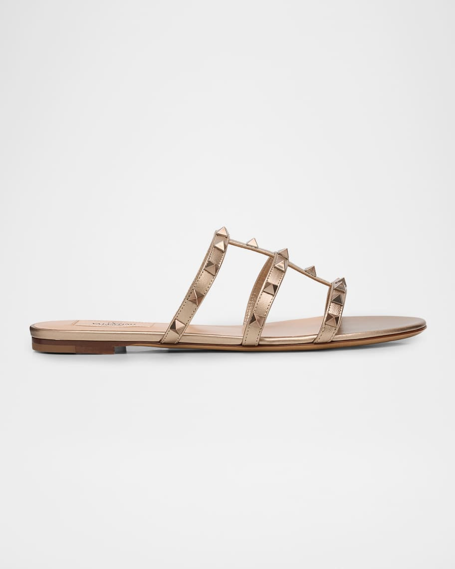 Valentino Garavani 5mm Rockstud Metallic Leather Flat Slide Sandals | Neiman Marcus