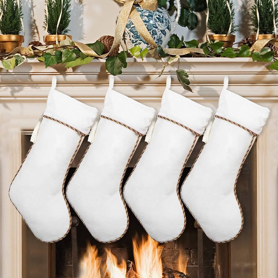 White Christmas Stockings 4 Pack Velvet Christmas Stockings with White Tassel Decorations for Fir... | Amazon (US)