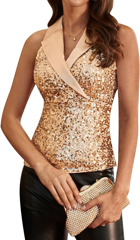 GRACE KARIN Womens Sequin Tops Sleeveless Glitter Sparkly Blouse Top V Neck Dressy Tops for Eveni... | Amazon (US)