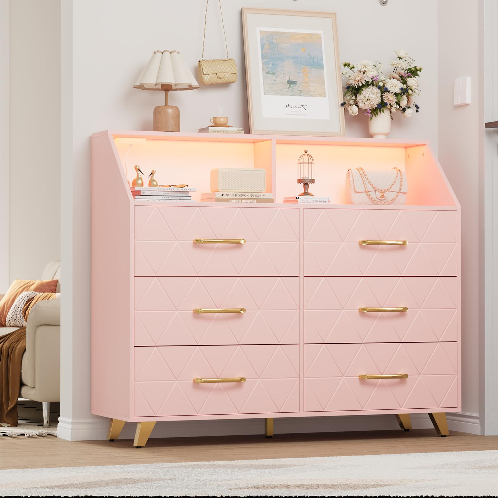 6 Drawer Dresser with LED Lights & Charging Station, Wooden Pink Dresser for Bedroom, Modern TV S... | Amazon (US)