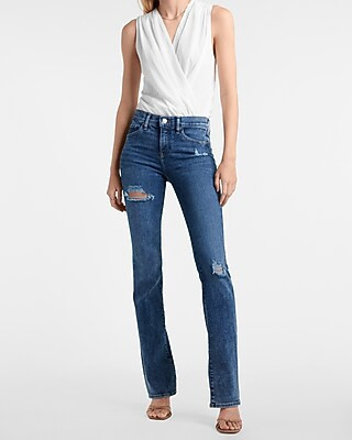 Mid Rise Medium Wash Ripped Bootcut Jeans | Express