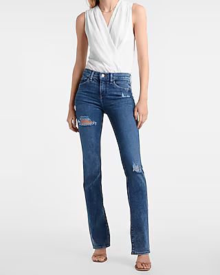 Mid Rise Medium Wash Ripped Bootcut Jeans | Express