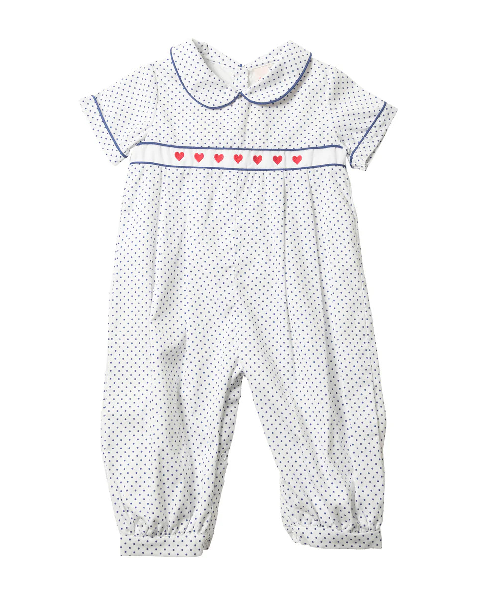 Hearts Embroidered Navy Polka Dot Longall | Smockingbird Kids