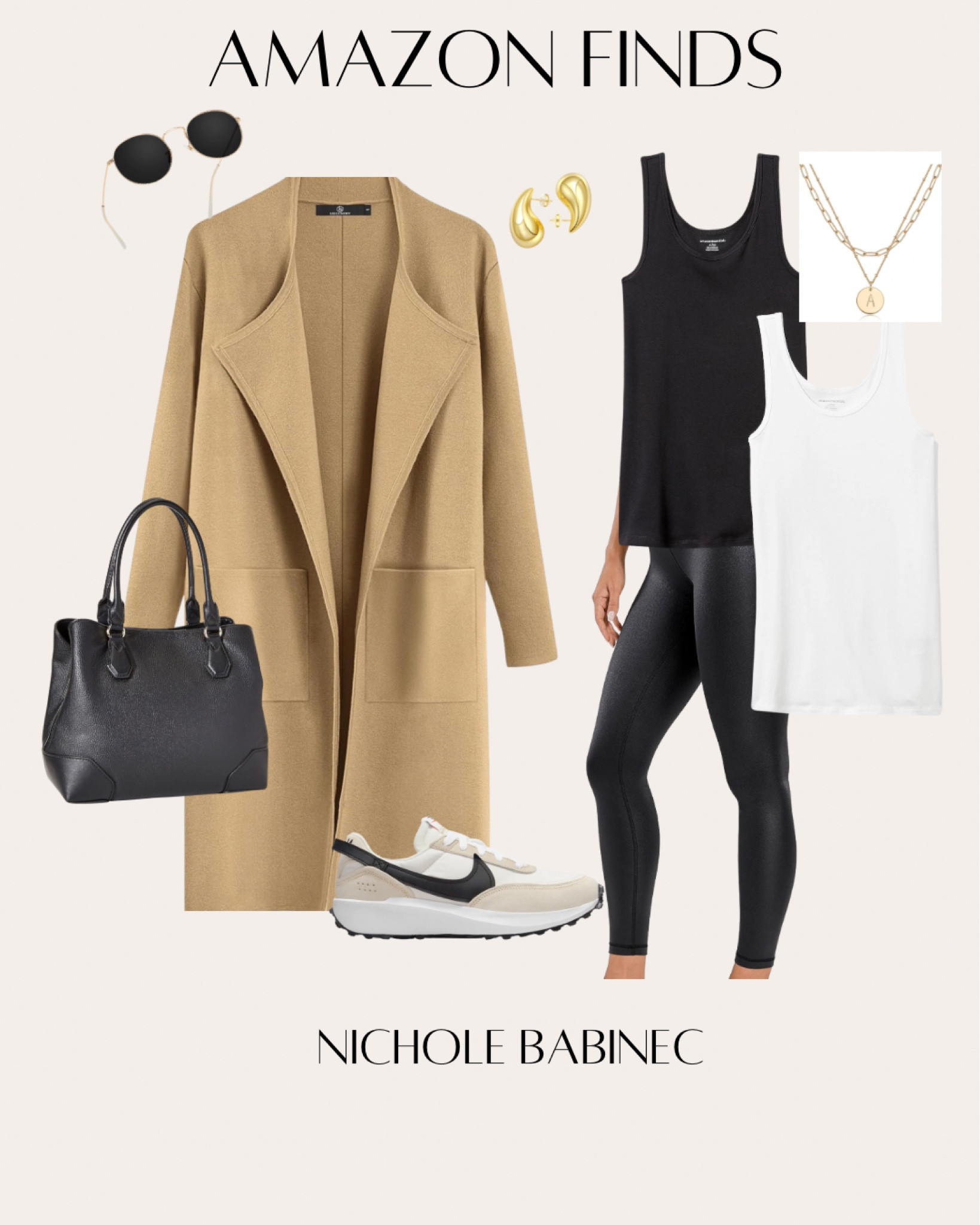 Neutral fall fashion featuring trending cardigan jacket and Nike waffle debut in black and tan. Faux leather leggings Nine West handbag and Amazon essential tanks. Gold round sunglasses initial sunglasses and gold tear drop earrings. Fall outfits 

#LTKmidsize #LTKGiftGuide #LTKover40