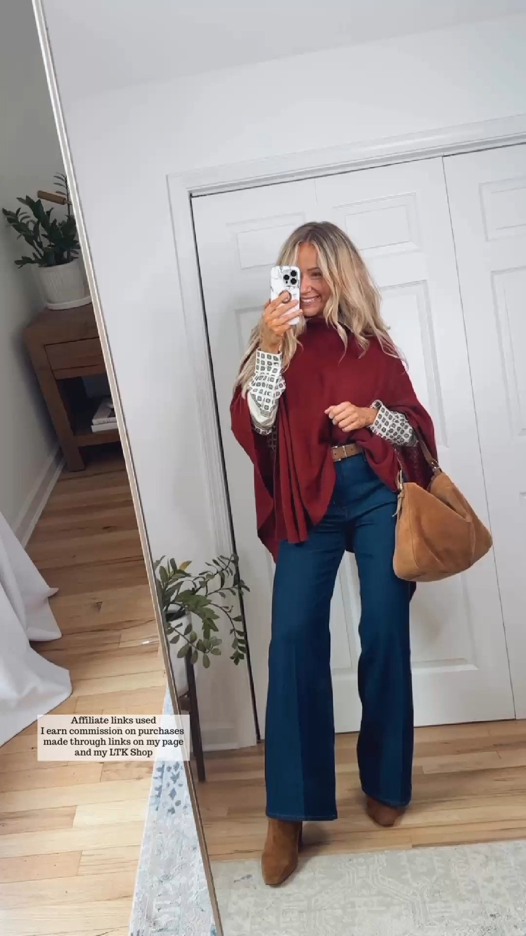 Cute casual fall outfit

Burgundy sweater
Statement blouse
Dark denim jeans
Fall boots