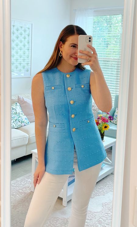 Workwear OOTD 🩵 Never gotten so many compliments!!! Sizing details:

Vest - Size 0 (runs TTS, would recommend your normal size for fit in the shoulders and buttoning) 


#LTKStyleTip #LTKWorkwear #LTKU