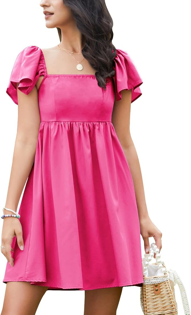 EXLURA Womens Casual Short Sleeve Square Neck Cap Sleeve Dress High Waist A-Line Casual Smocked B... | Amazon (US)