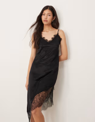 ASOS DESIGN satin lace trim asymmetric hem maxi dress in black | ASOS (Global)