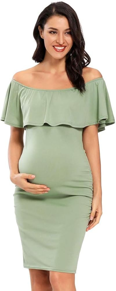 Jezero Women's Maternity Dress Off Shoulder Ruffle Sleeveless Bodycon Dress for Baby Shower | Amazon (US)