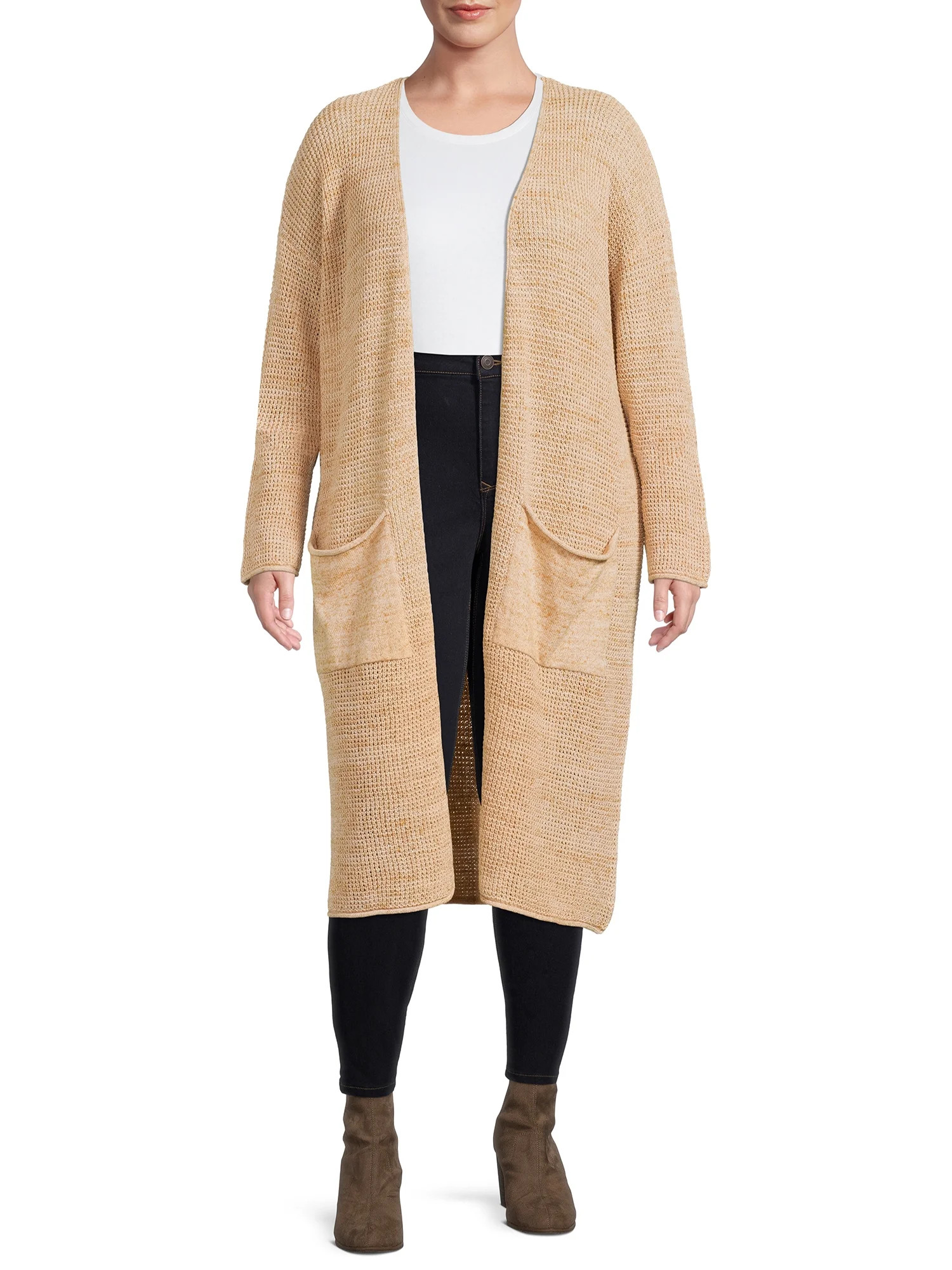 Terra & Sky Women's Plus Size Waffle Stitch Open Front Cardigan with Pockets | Walmart (US)