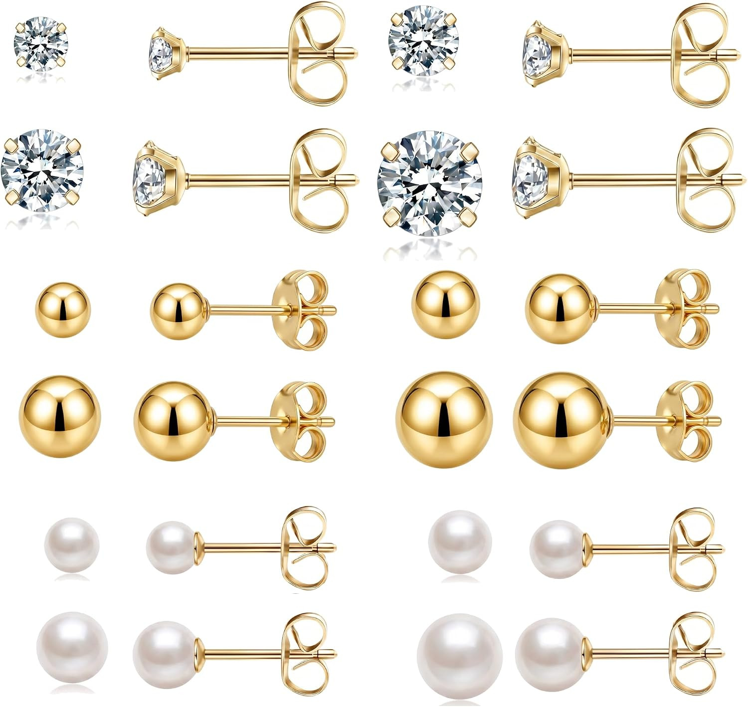 BETTY&SARAH Gold Stud Earrings for Women Hypoallergenic, 12 Pair Studs Set | Amazon (US)