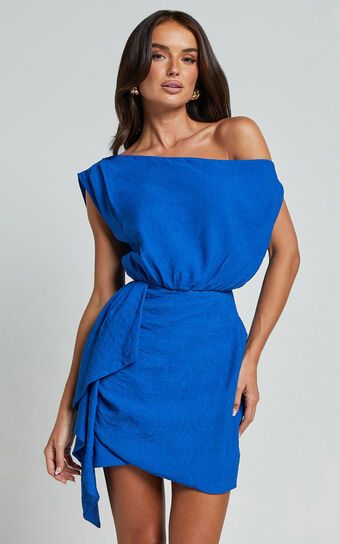 Niana Mini Dress - Drape One Shoulder Dress in Blue | Showpo (US, UK & Europe)