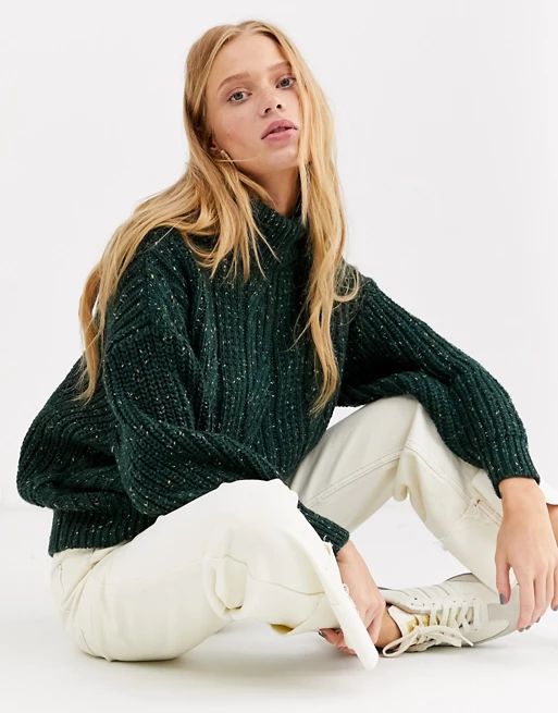 Monki oversized roll neck cable knit sweater in dark green | ASOS US