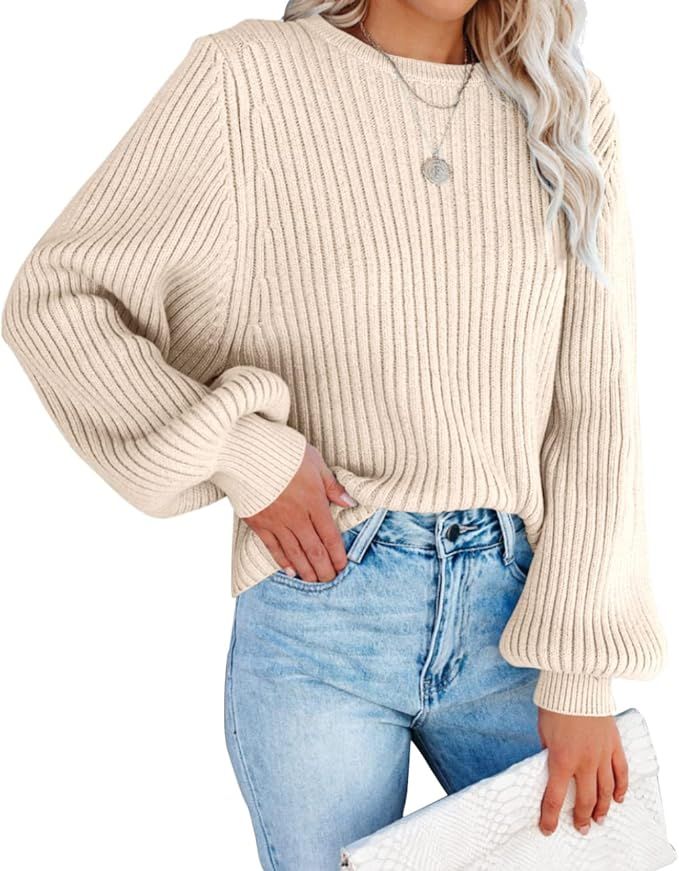imesrun Womens Oversized Sweater Crewneck Chunky Knit Long Lantern Sleeve Loose Pullover Crop Swe... | Amazon (US)