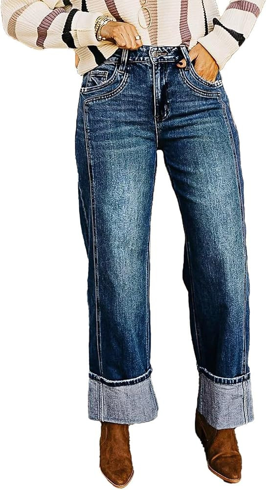 Flamingals Mid Rise Straight Leg Baggy Jeans for Women Plus Size High Stretch Roll Hem Wash Trend... | Amazon (US)