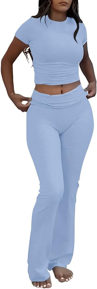AYWA Women's 2 Piece Lounge Sets Short Sleeve Crop Top Foldover Flare Pants Casual Pajama Outfits | Amazon (US)
