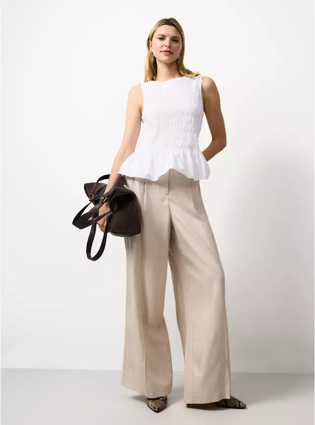 Neutral Ultra Wide Leg Linen Trousers 22R | Tu Clothing