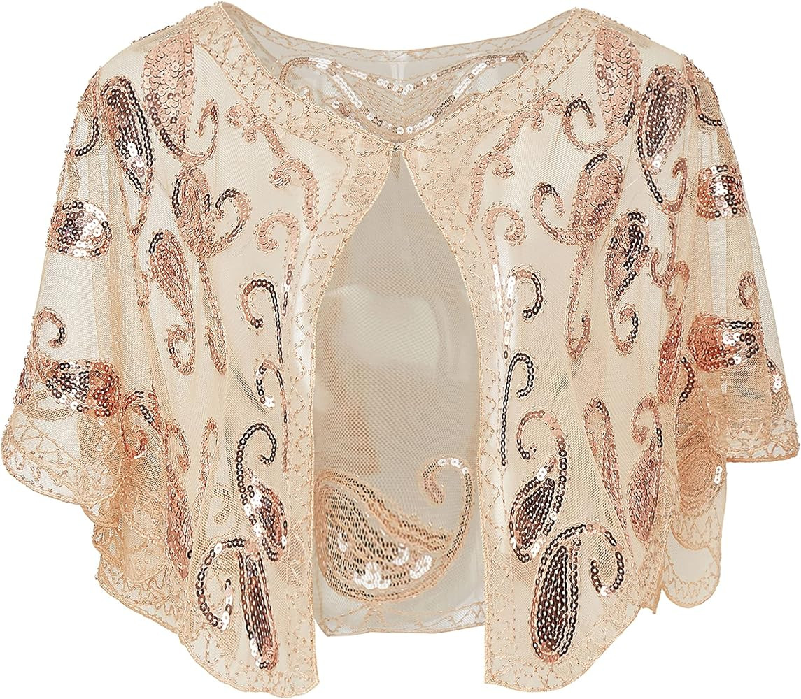 BABEYOND 1920s Shawl Wraps Sequin Beaded Evening Cape Bridal Shawl Bolero Flapper Cover Up | Amazon (US)