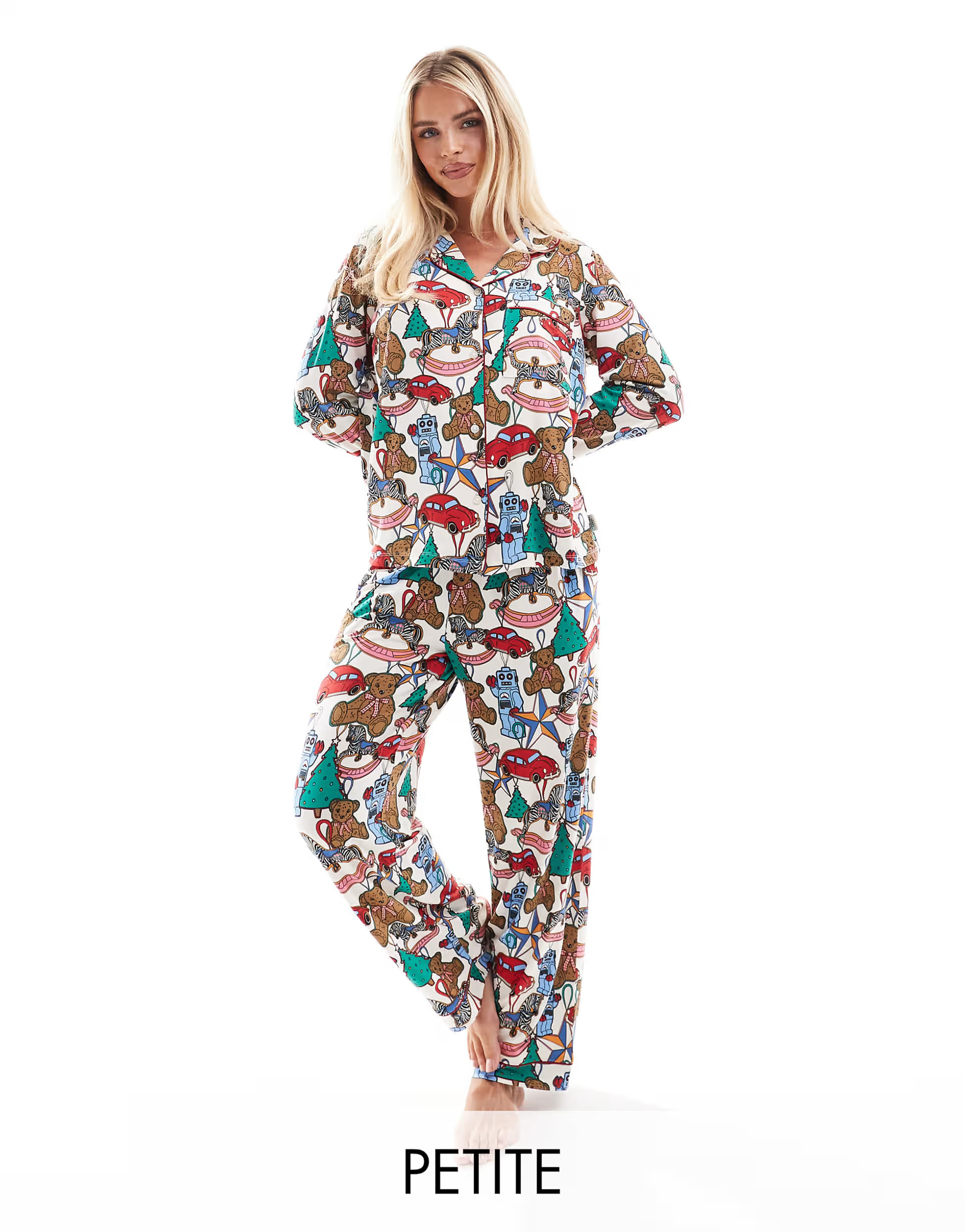 Chelsea Peers Petite poly Christmas toy bauble print satin long sleeve revere and trouser pyjama ... | ASOS (Global)