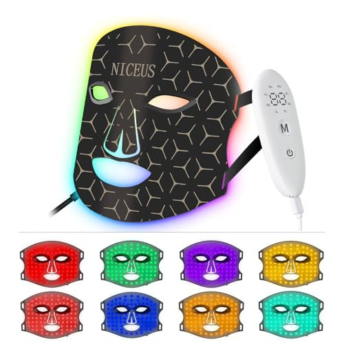 NICEUS Red Light Therapy for Face, 8 Colors Led Face Mask with Rechargeable Remote/Timer, Infrared Red Light Therapy Mask for Facial Skin Care at Home, Black | Amazon (US)