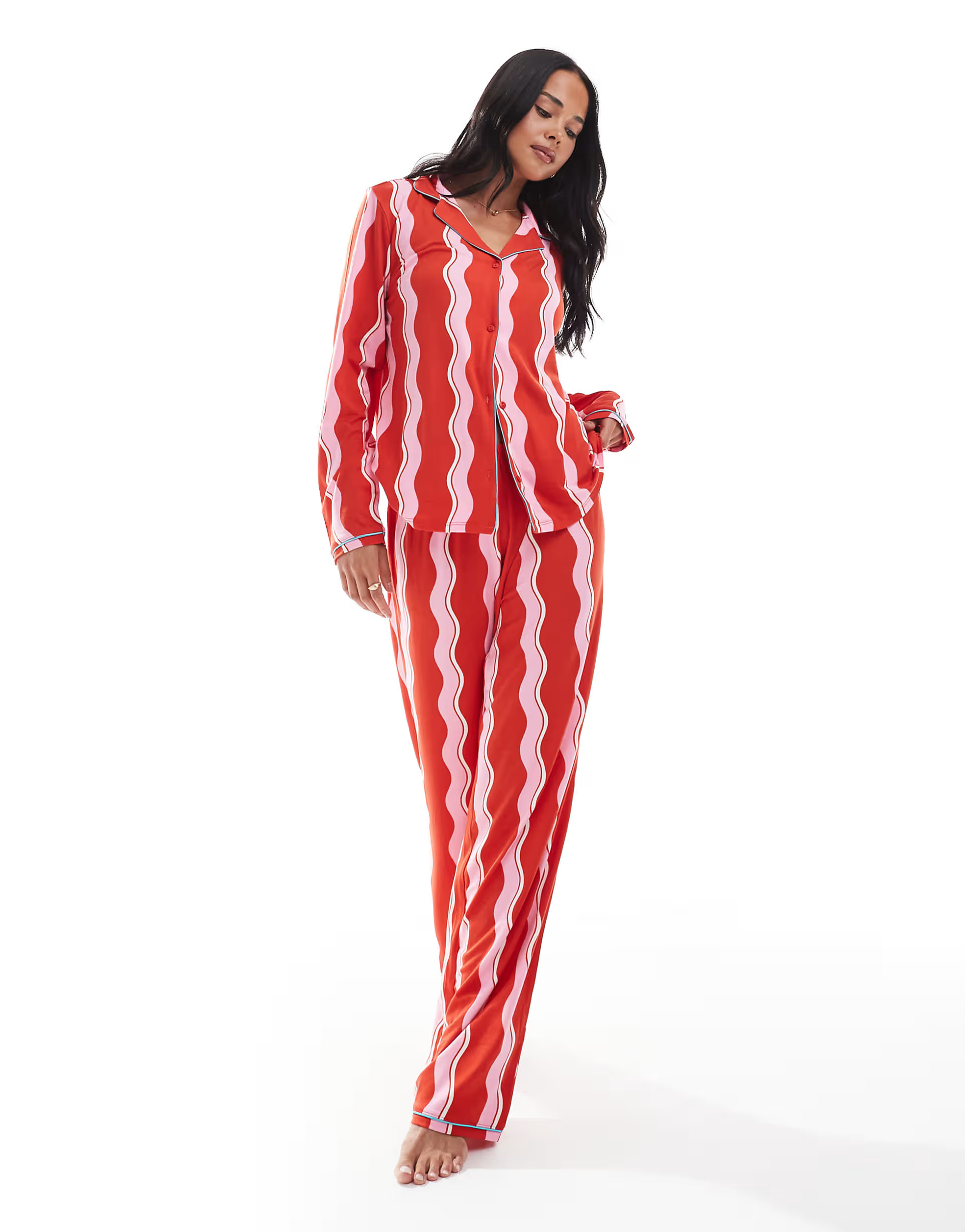 Urban Threads Christmas long sleeve revere top and pants pajama set in wavy red stripe | ASOS (Global)