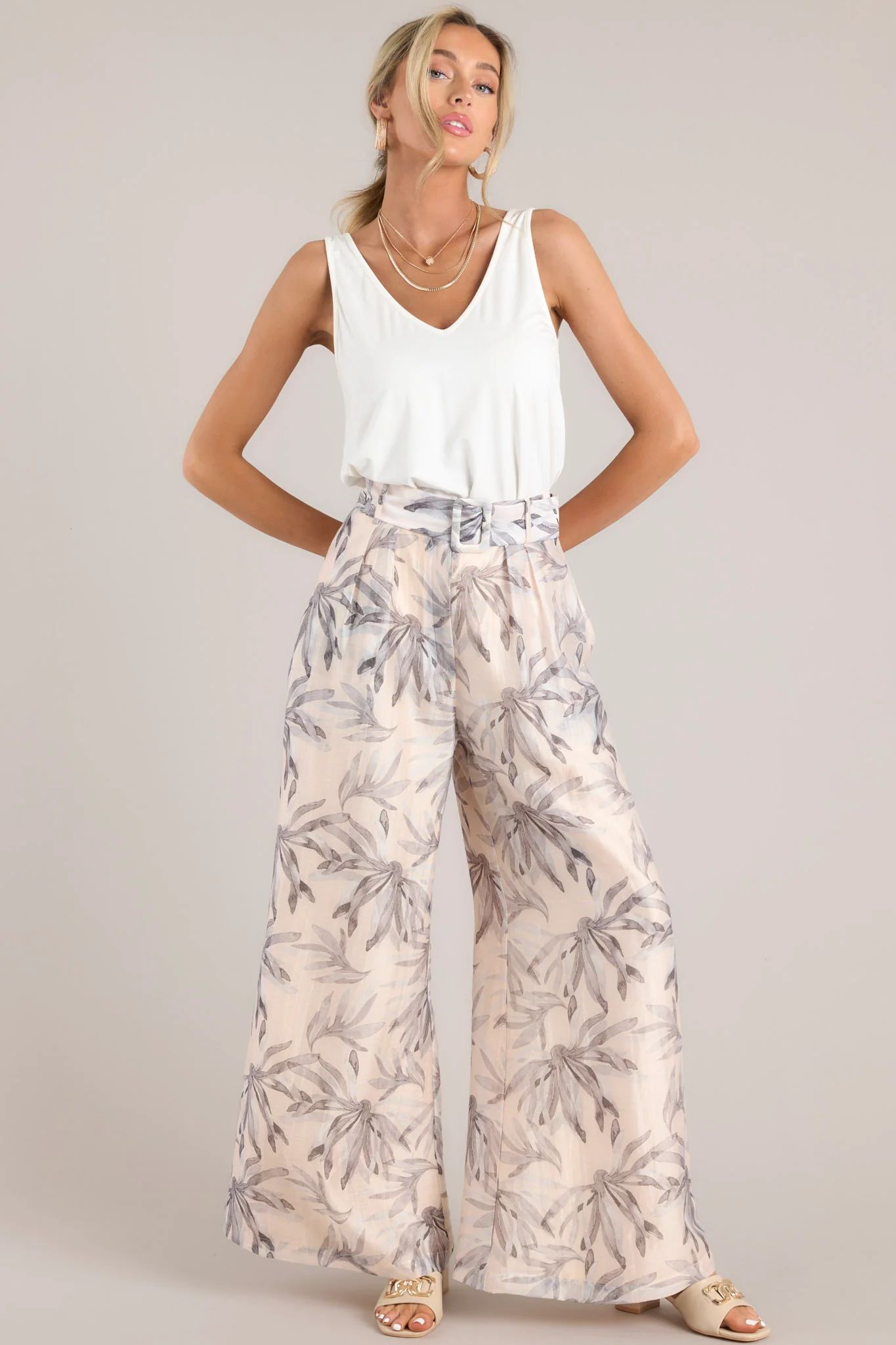 Sandy Toes Beige Tropical Print Belted Pants | Red Dress