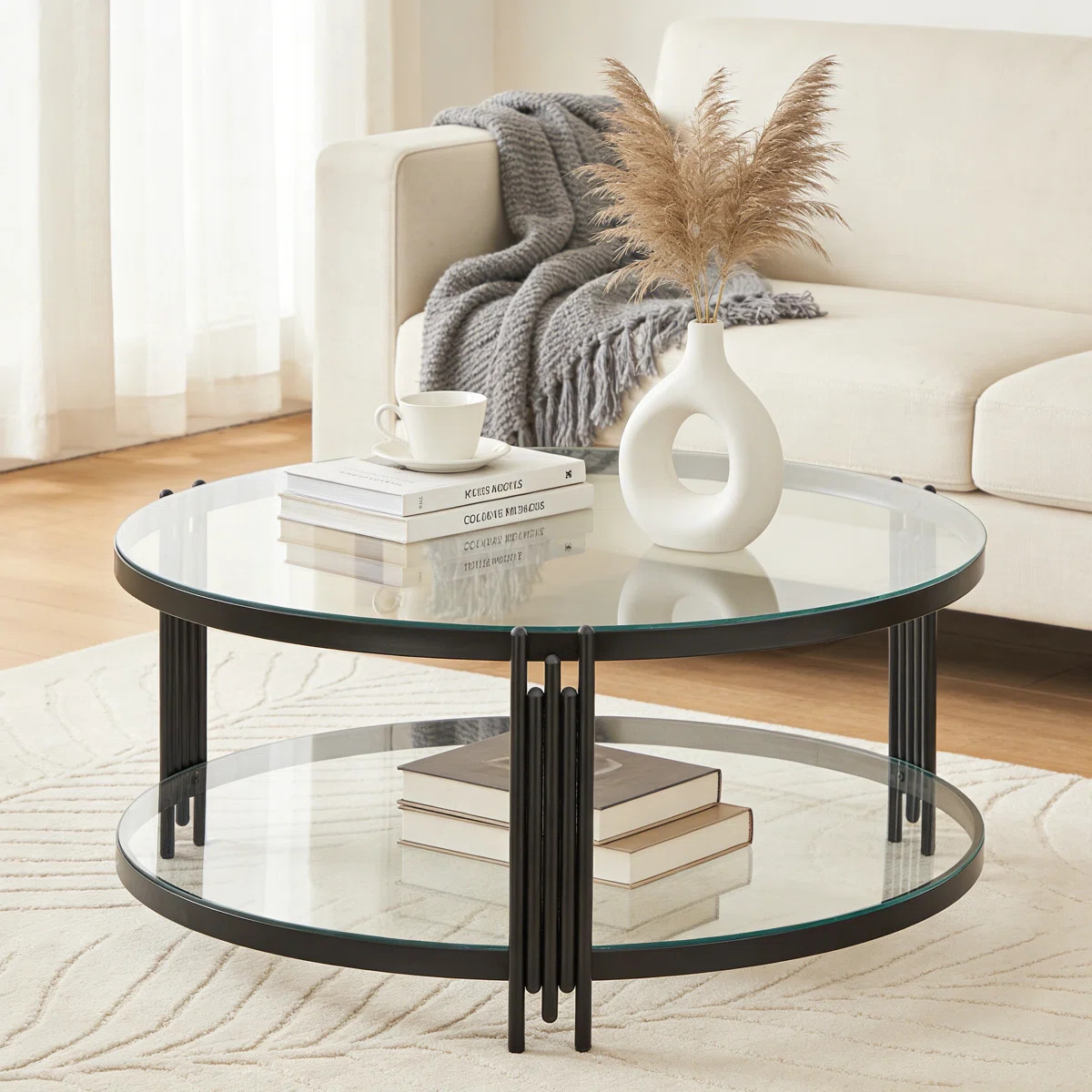 Modern Round Glass Coffee Table with 2-Tier Open Storage, Center Table for Mid-Sized Living Rooms... | Wayfair North America