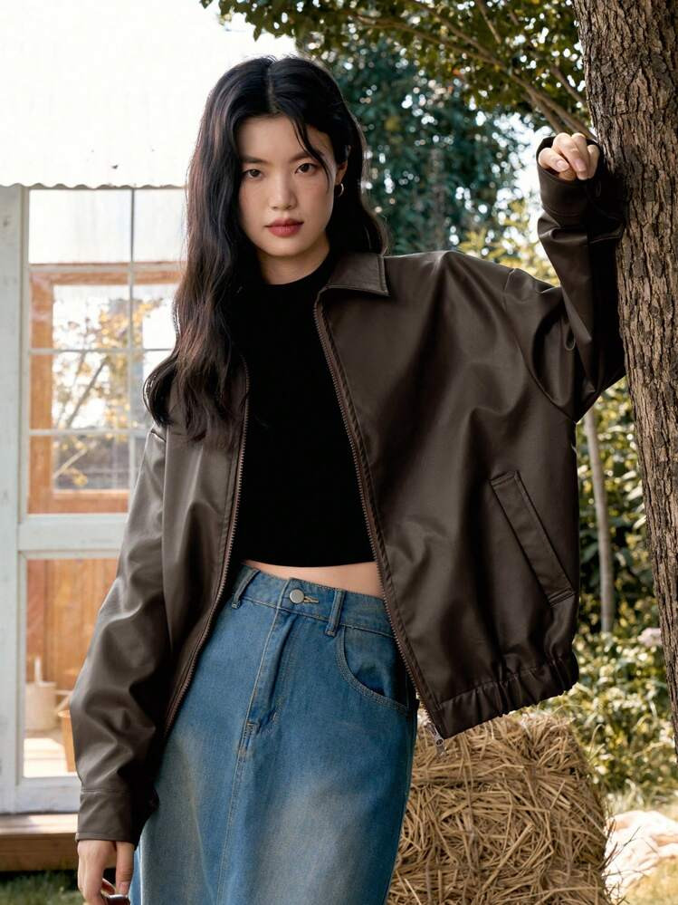 DAZY Chaqueta Casual Suelta De Piel Sintética De Manga Larga Con Hombros Caídos Y Unicolor Para Mujeres, Ropa De Otoño | SHEIN