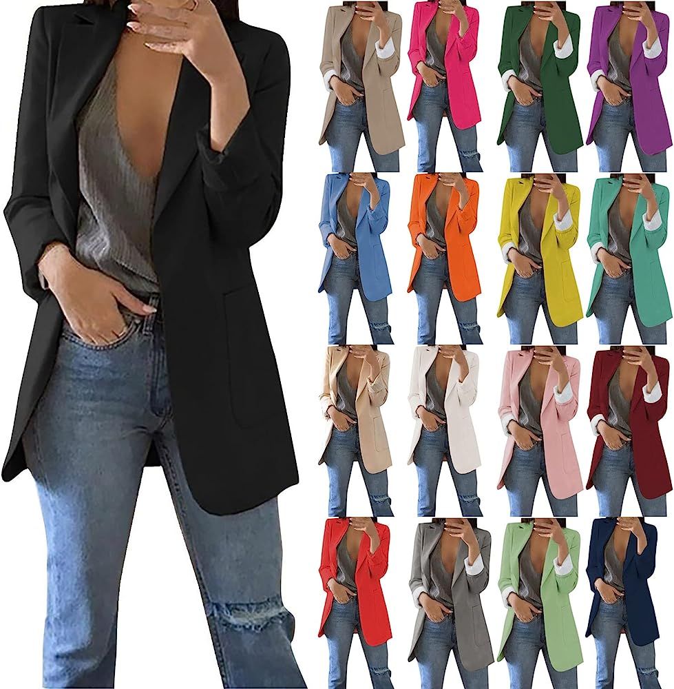 Blazer Jackets for Women,Women Solid Open Front Pockets Cardigan Formal Suit Long Sleeve Blouse C... | Amazon (US)
