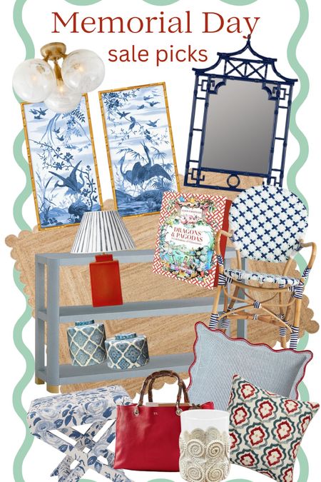 Memorial Day Sales. blue raffia console, red lamp, chinoiserie art, pagoda mirror. Bistro chair, scalloped pillow, red and blue decor, scalloped jute rug, red bamboo handbag, floral stool, blue and white decor. Red and blue pillow

#LTKHome #LTKSaleAlert