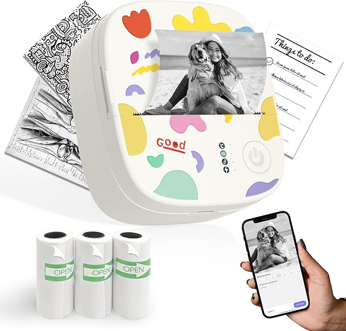 Mini Portable Sticker Printer, Mini Thermal Printer with 3 Rolls Paper, Bluetooth Inkless Printpo... | Amazon (US)