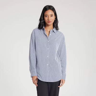 Women's Side-Button Detail Shirt - A New Day™ Navy Blue Striped M | Target