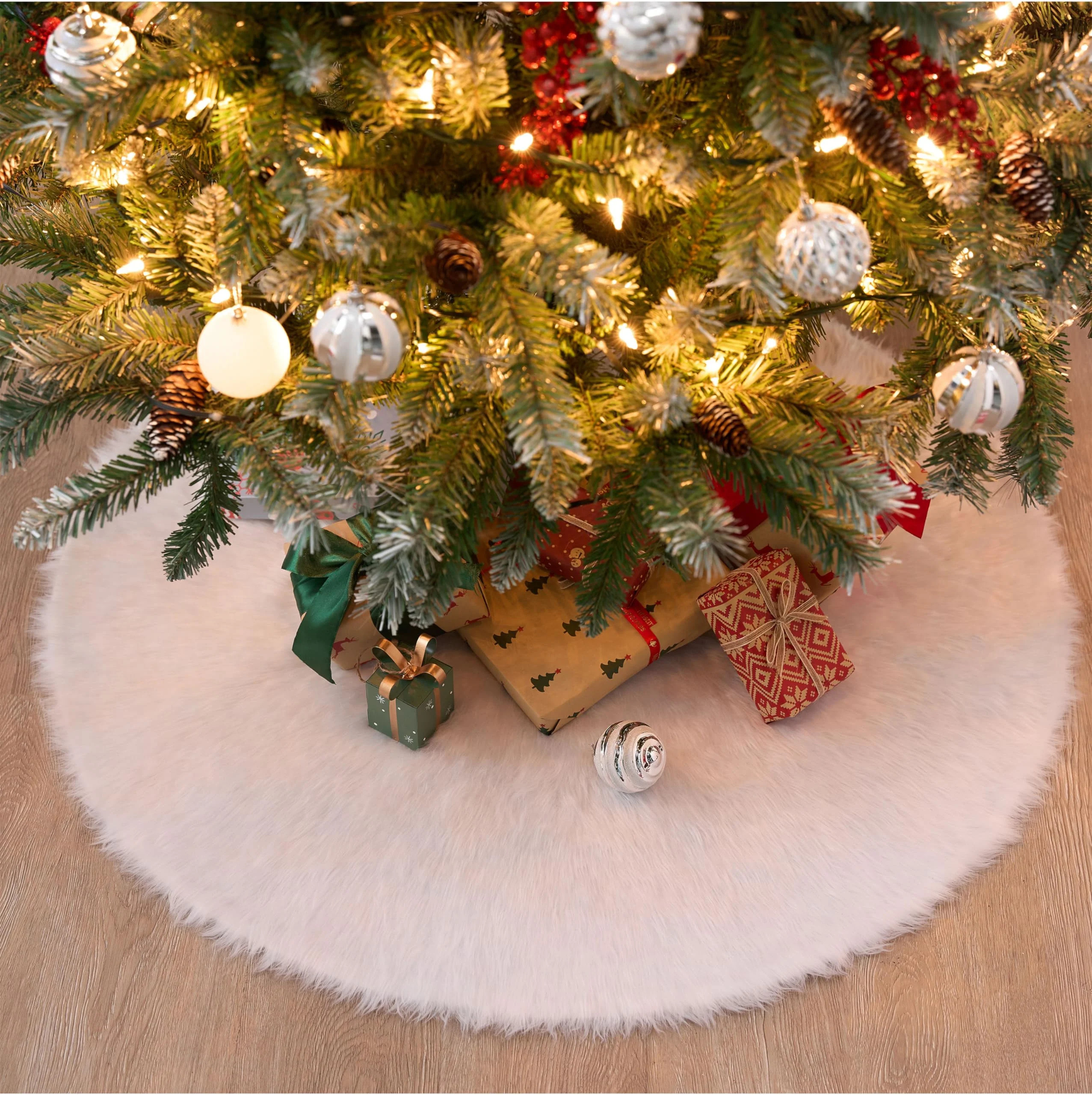 JOYIN 48Inch Christmas Tree Skirt,White Faux Fur Snowy White Plush Velvet Christmas Tree Skirt fo... | Walmart (US)