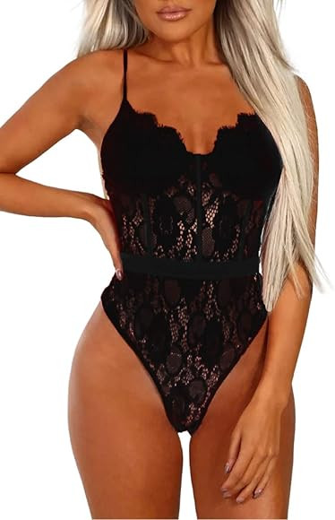 Shawhuwa Womens Sexy Floral Lace Black Spaghetti Straps Bodysuit Club Tops Black Large | Amazon (US)