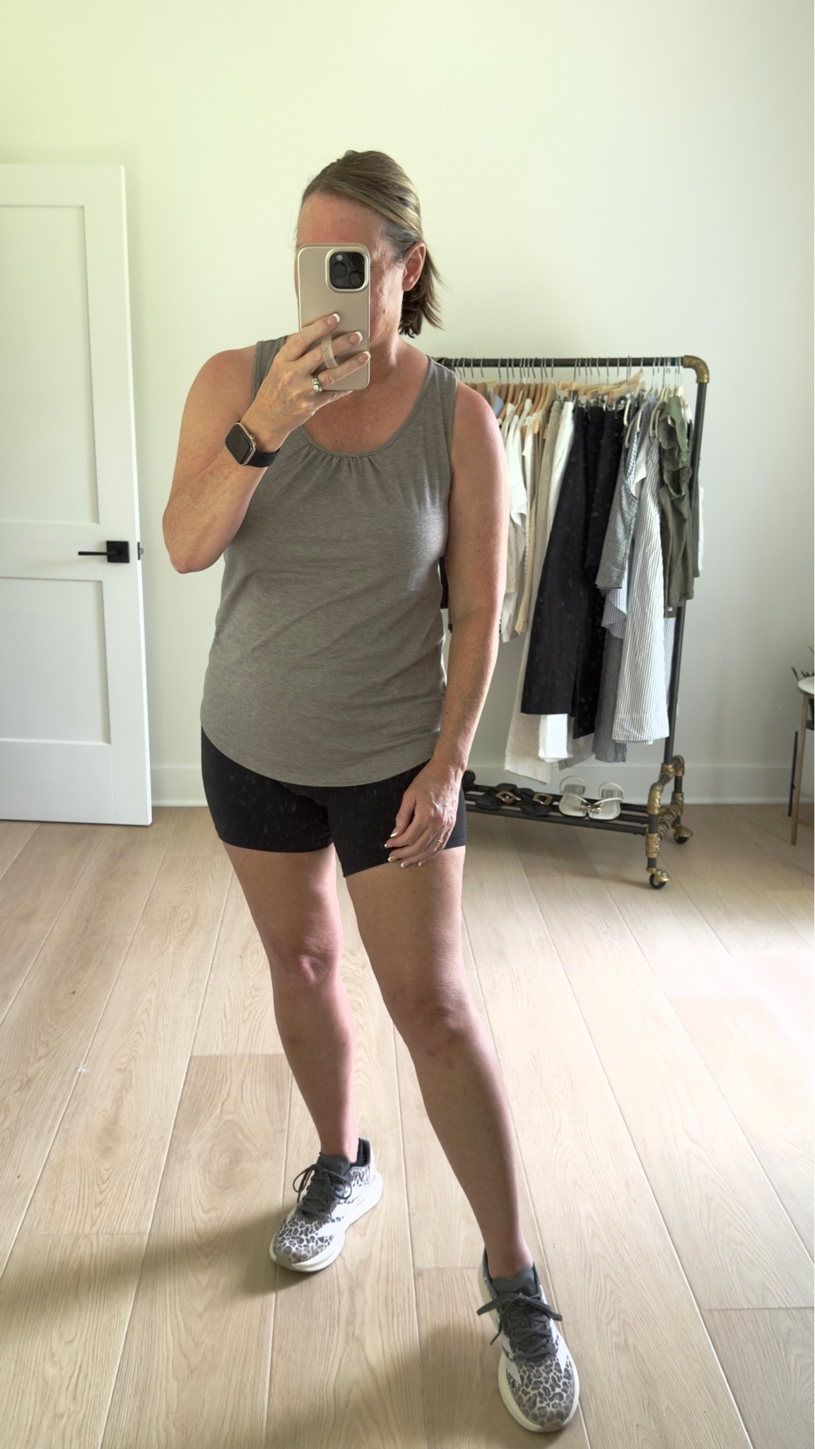 My gym workout uniform 🏋️ I have this @amazon tank and these bike shorts in multiple colors.  These leopard print @dsw sneakers are so comfy for walking on the treadmill! @ad #dsw @amazonfashion #founditonamazon #LTKActive

#LTKfitnessgoals