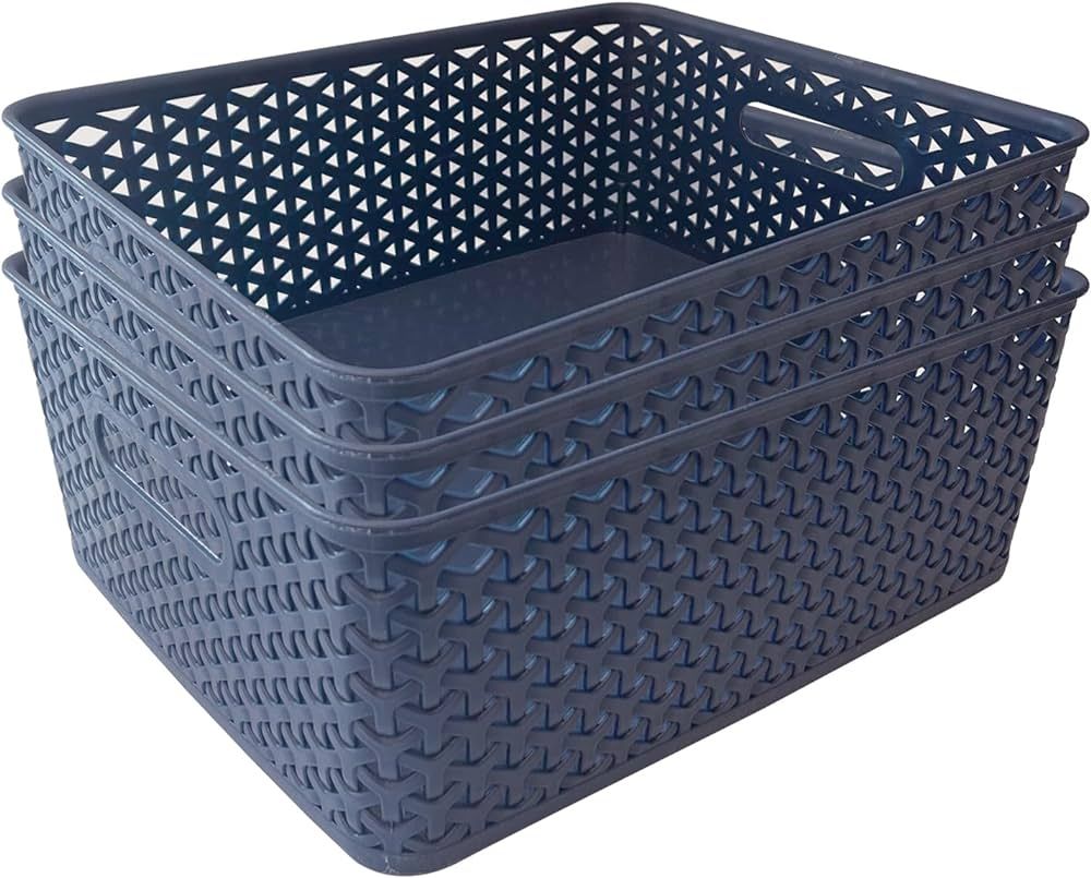 Rethink Your Room Set of 3 Large Plastic Open Storage Basket, 14 x 12 x 5 Inches, Durable Pantry ... | Amazon (US)