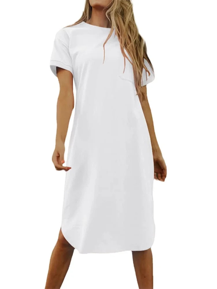 Women's Summer Round Neck Short Sleeve Solid Basic T-Shirt Casual Midi Dress with Pockets | Walmart (US)