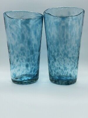 Hand Blown Glass Speckled Bubble Blue Drinking Drinkware Glasses Set of 4 | eBay US