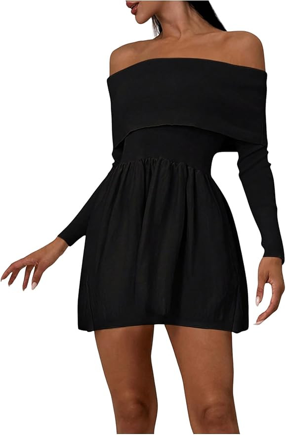 SOLY HUX Women's Off The Shoulder Sweater Dress Long Sleeve A Line Ruffle Hem Knit Mini Dresses | Amazon (US)