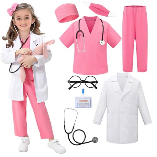 FUNSENLY Doctor Costume for Kids - 8pcs Caree Day Kids Scrubs with Lab Coat Dress Up Set, Halloween Costumes for Girls Boys, Toddler Halloween Costume Pretend Play for Girls 3-10 | Amazon (US)