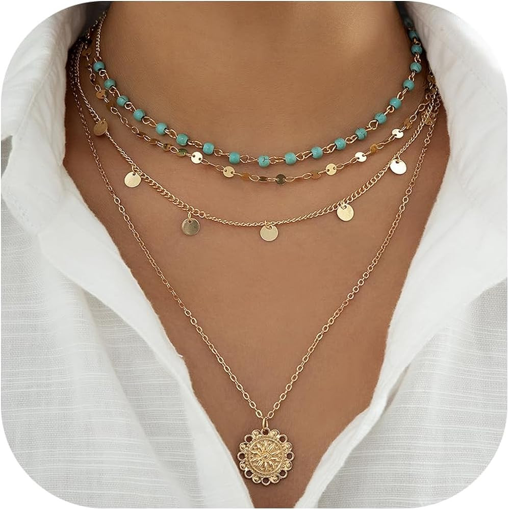 Dainty Layered Choker Necklace Bohemian Turquoise Necklace 14K Gold Plated Dainty Y Pendant Neckl... | Amazon (US)