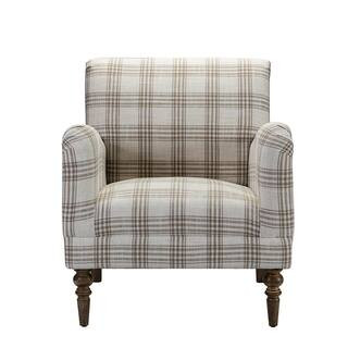 Mandan Tan Contemporary and Classic Upholstered Plaid Pattern Accent Armchair with Turned Solid Wood | The Home Depot