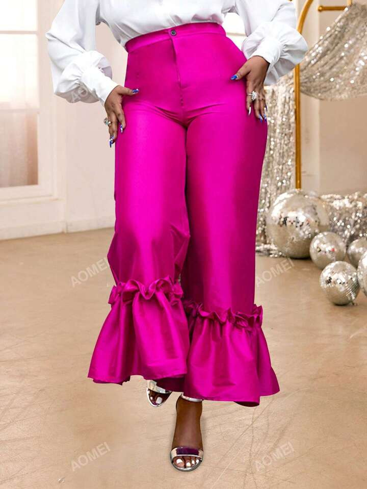 Plus Size Women Christmas Party Flared Elegant Trousers With Ruffle Hem Detail, Loose Fit | SHEIN