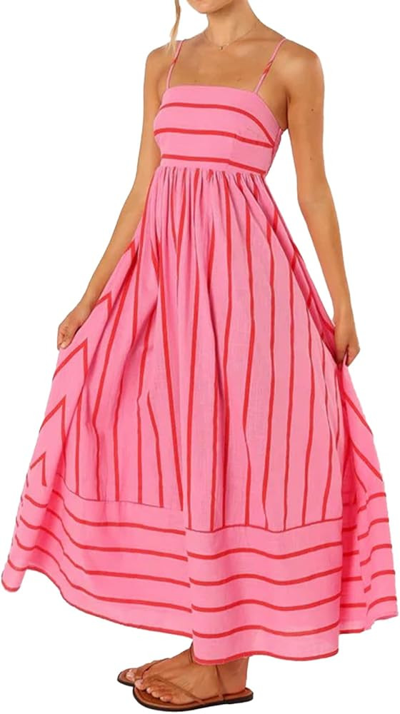Women Striped Maxi Dress Sleeveless Backless Cutout Smocked Sundress Spaghetti Straps Boho Flowy ... | Amazon (US)