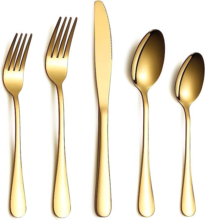 HOMQUEN Golden Flatware Set 20 Piece Service for 4, Stainless Steel Golden Silverware Set (Shiny ... | Amazon (US)