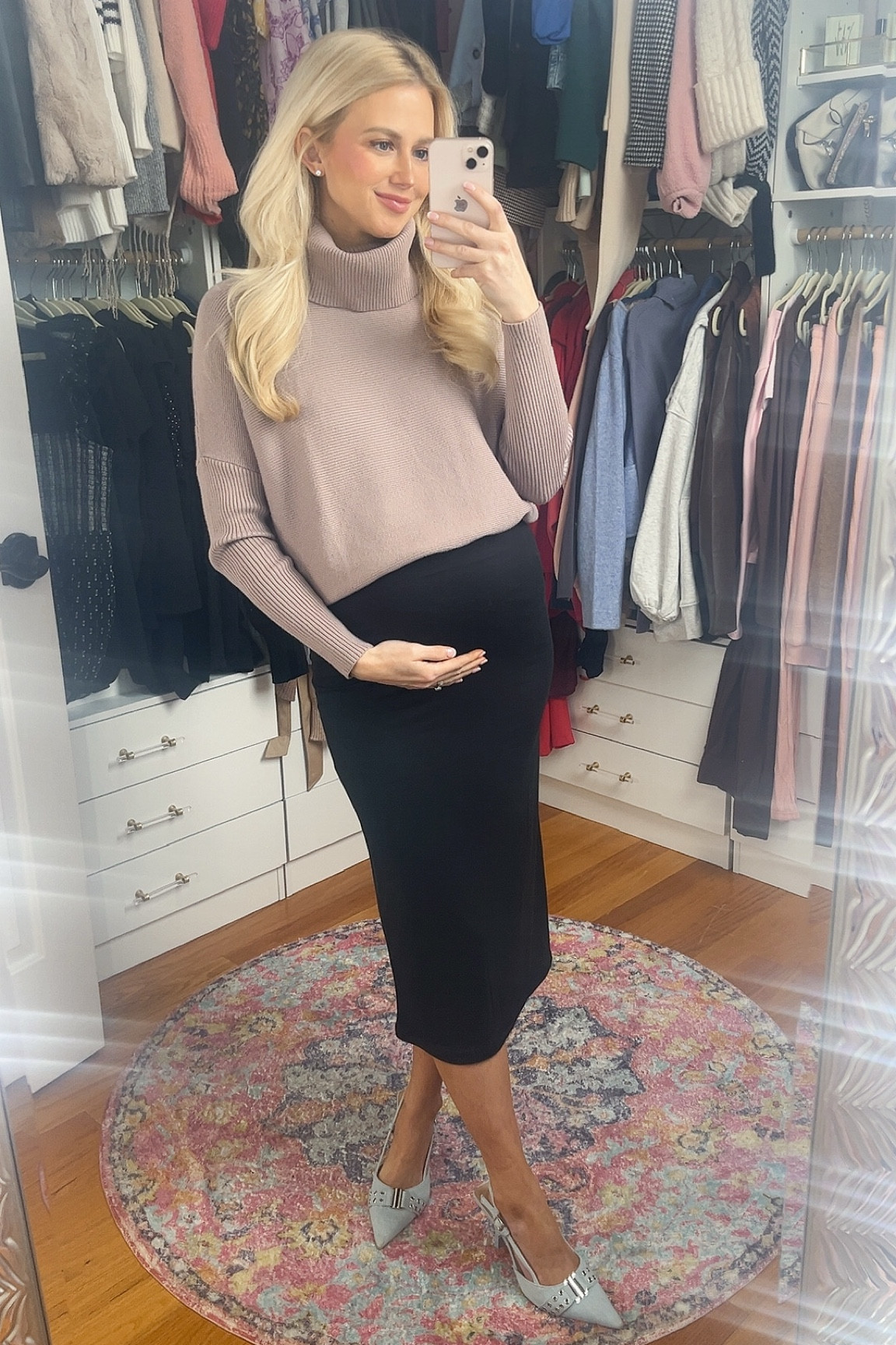 Business casual ootd at 29 weeks pregnant. Skirt is super comfortable and stretchy 

#LTKPetite #LTKBump #LTKWorkwear