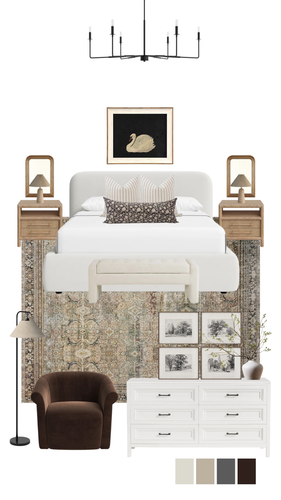 Loving this modern cozy cottage bedroom design💖

Master bedroom design, mood board, white king bed, oak side tables, oak night stand, accent chair, wall art, vintage art, gallery wall, pleated lamp, storage bench

#LTKHome #LTKFamily #LTKSaleAlert